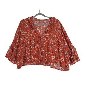 Altar'd State Floral Crop Top Womens L Coral Bell Sleeve Boho Peasant Blouse